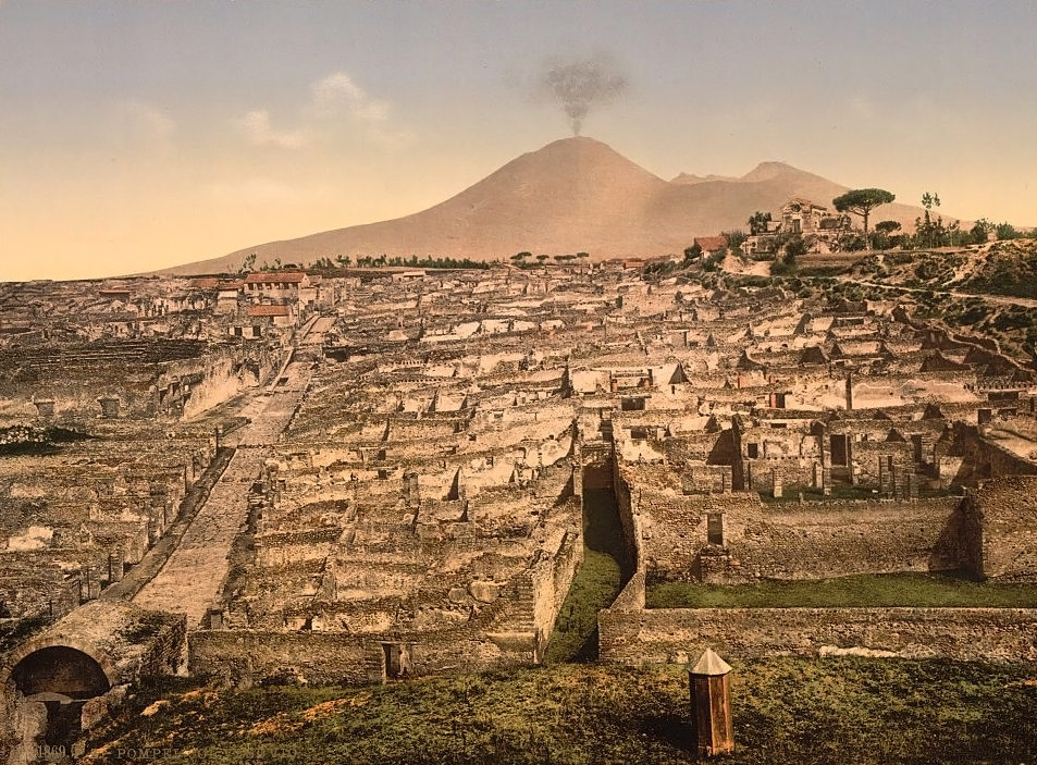 Vista històrica de Pompeia amb el Vesuvi al fons, fotocrom de 1890